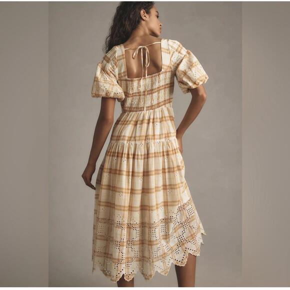 Anthropologie Puff-Sleeve Plaid Eyelet Midi Dress Smocked Waist Yellow M NWOT - Picture 2 of 10